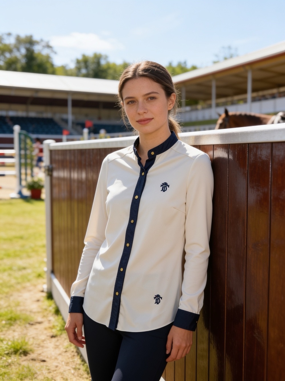 Tory Burch Cream and Navy Contrast Equestrian Shirt